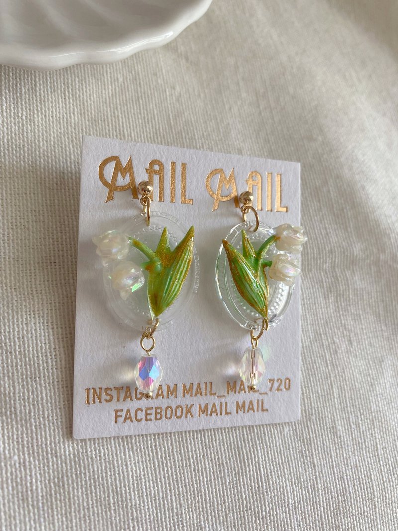 铃兰花配水晶、耳环、耳夹 - 耳环/耳夹 - 树脂 透明