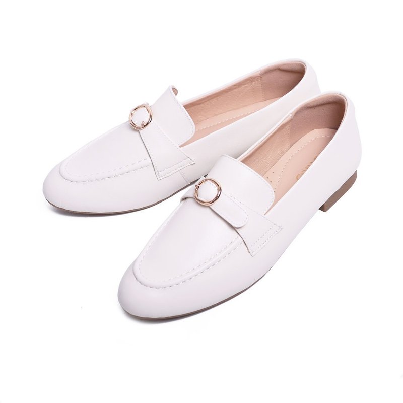 都会优雅圆扣超软Q乐福鞋白色 - 女款牛津鞋/乐福鞋 - 真皮 白色
