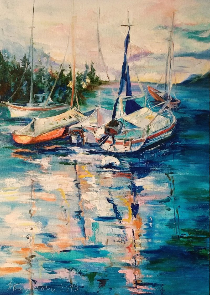 日落游艇海景原画明亮的航海墙艺术水景观 - 墙贴/壁贴 - 其他材质 蓝色