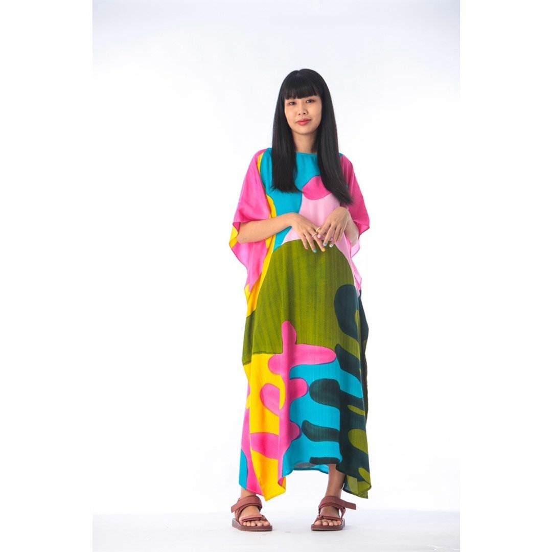 Hand Painted Cotton Silk Kaftan for Summer Resort Vacation F - 洋装/连衣裙 - 棉 粉红色
