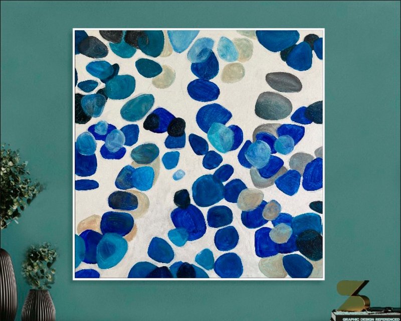 画布上的抽象蓝色石头绘画现代简约艺术品纹理 - 墙贴/壁贴 - 压克力 蓝色
