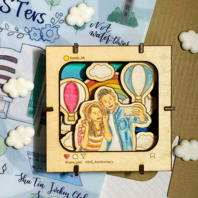 【定制化 似颜绘】木制│木剧场小夜灯 小木灯│电池盒│热气球款 - 订制画像 - 木头 