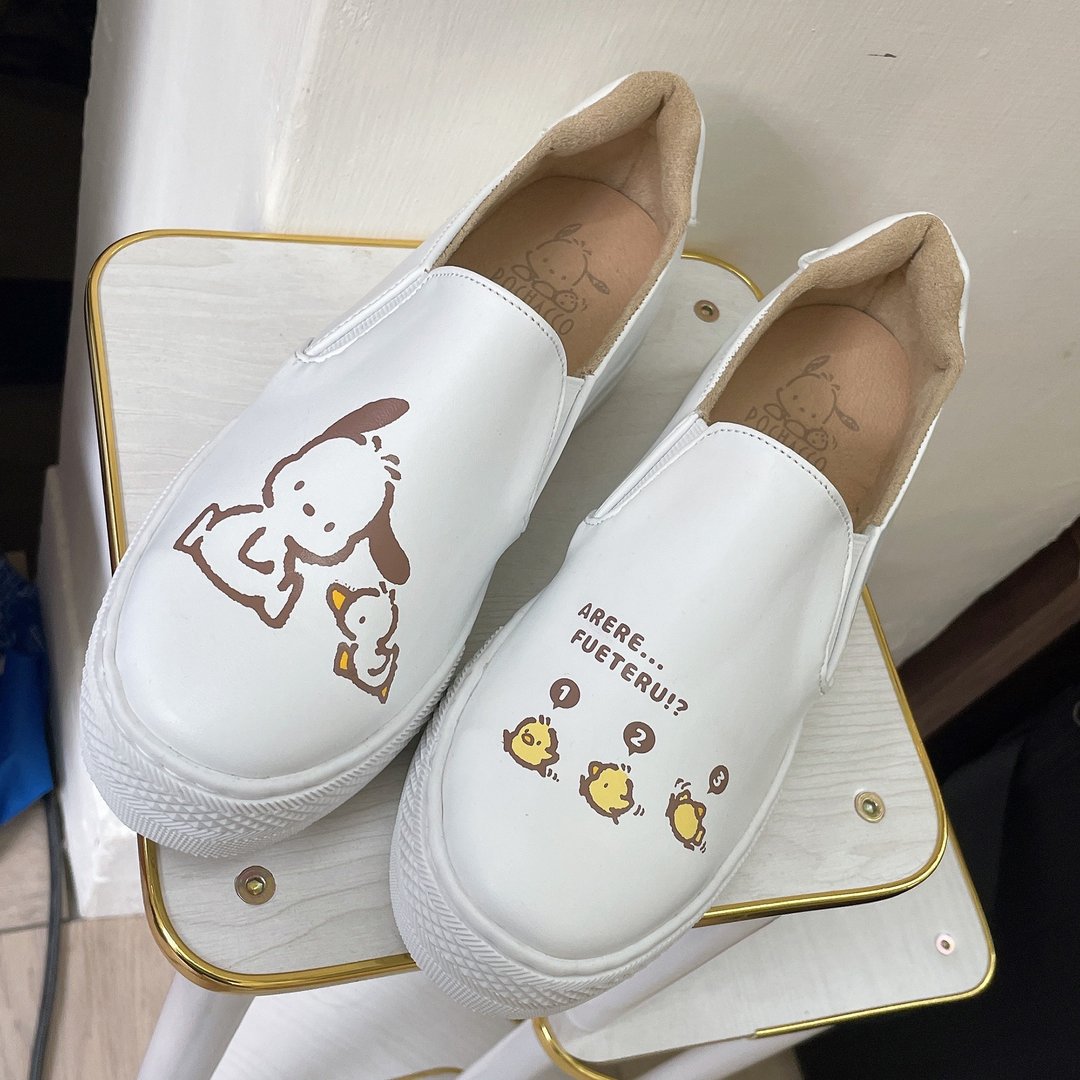 Paidal xPochacco 帕恰狗与小鸡皮质厚底懒人鞋不弯腰鞋 - 小白鞋 - 女款休闲鞋 - 人造皮革 白色