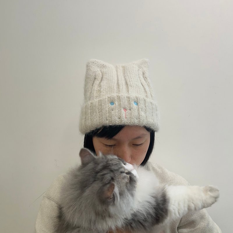 猫 针织帽 黑白两色 猫咪耳朵 刺绣猫脸 - 帽子 - 羊毛 多色