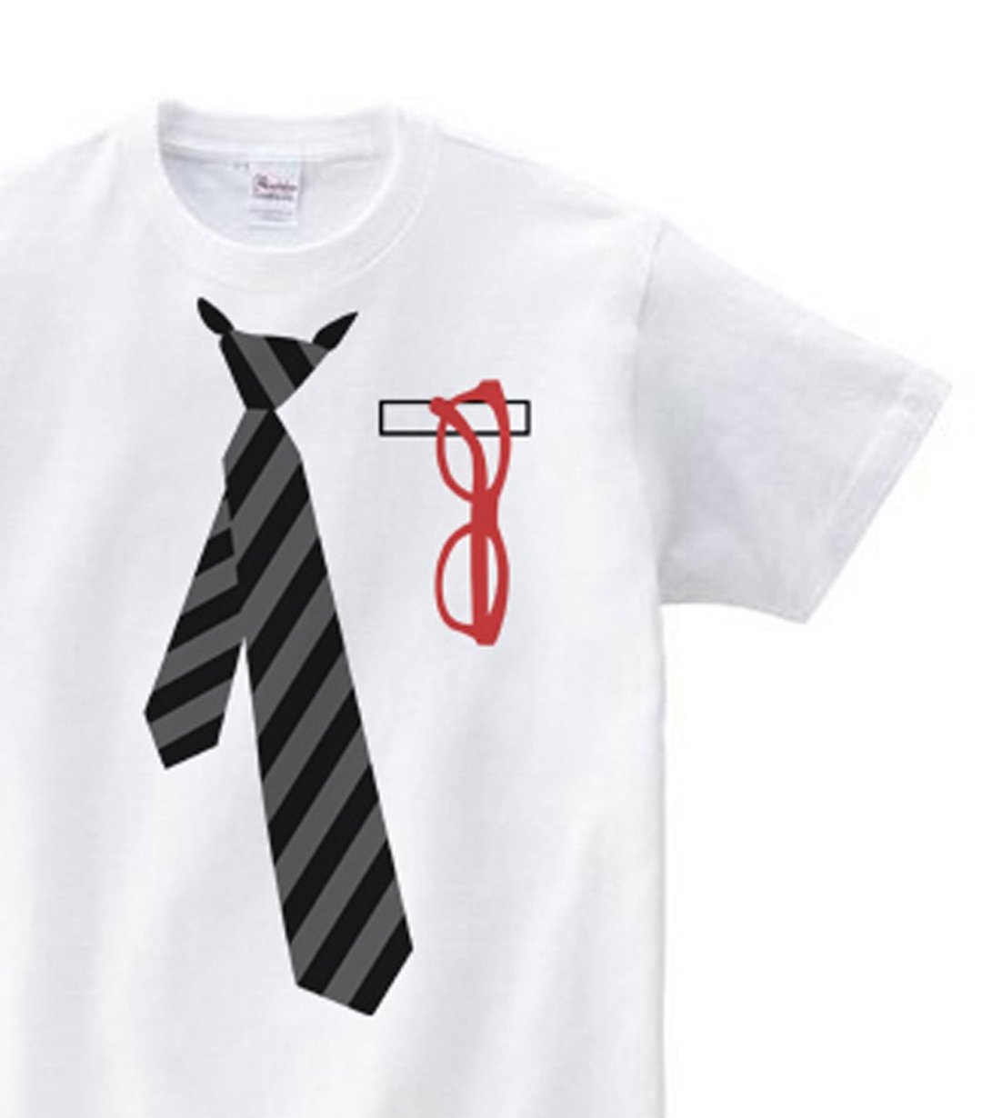 经典条纹领带×眼镜 T恤 (150.160. S-XL) 【订制商品】 - 中性连帽卫衣/T 恤 - 棉 白色