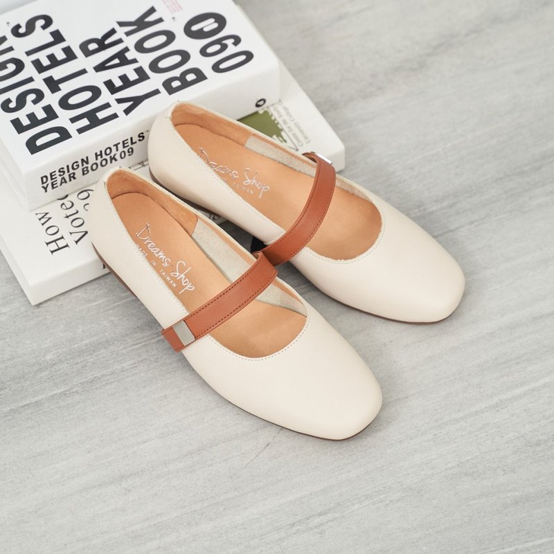 玛莉珍_拼色方头平底鞋 米白 - 芭蕾鞋/娃娃鞋 - 真皮 白色
