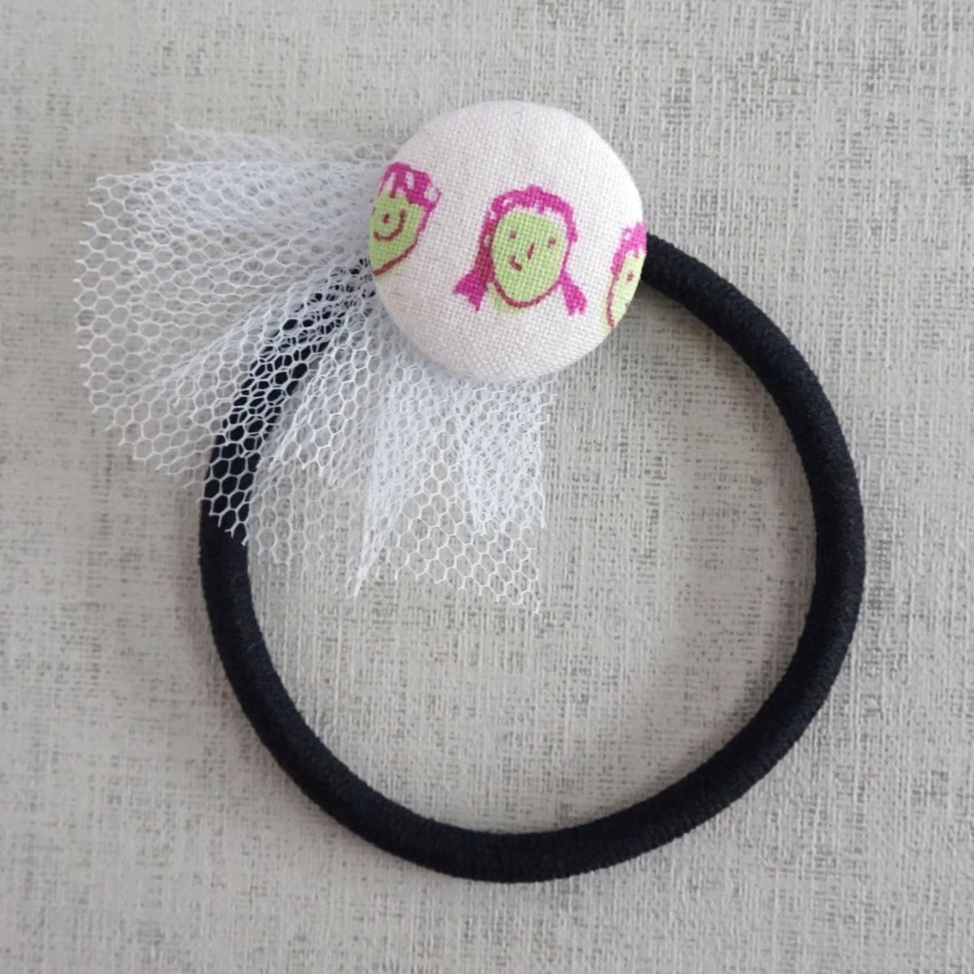 Hand-printed original walnut button Hair elastic "Friends 2" - 发饰 - 棉 粉红色