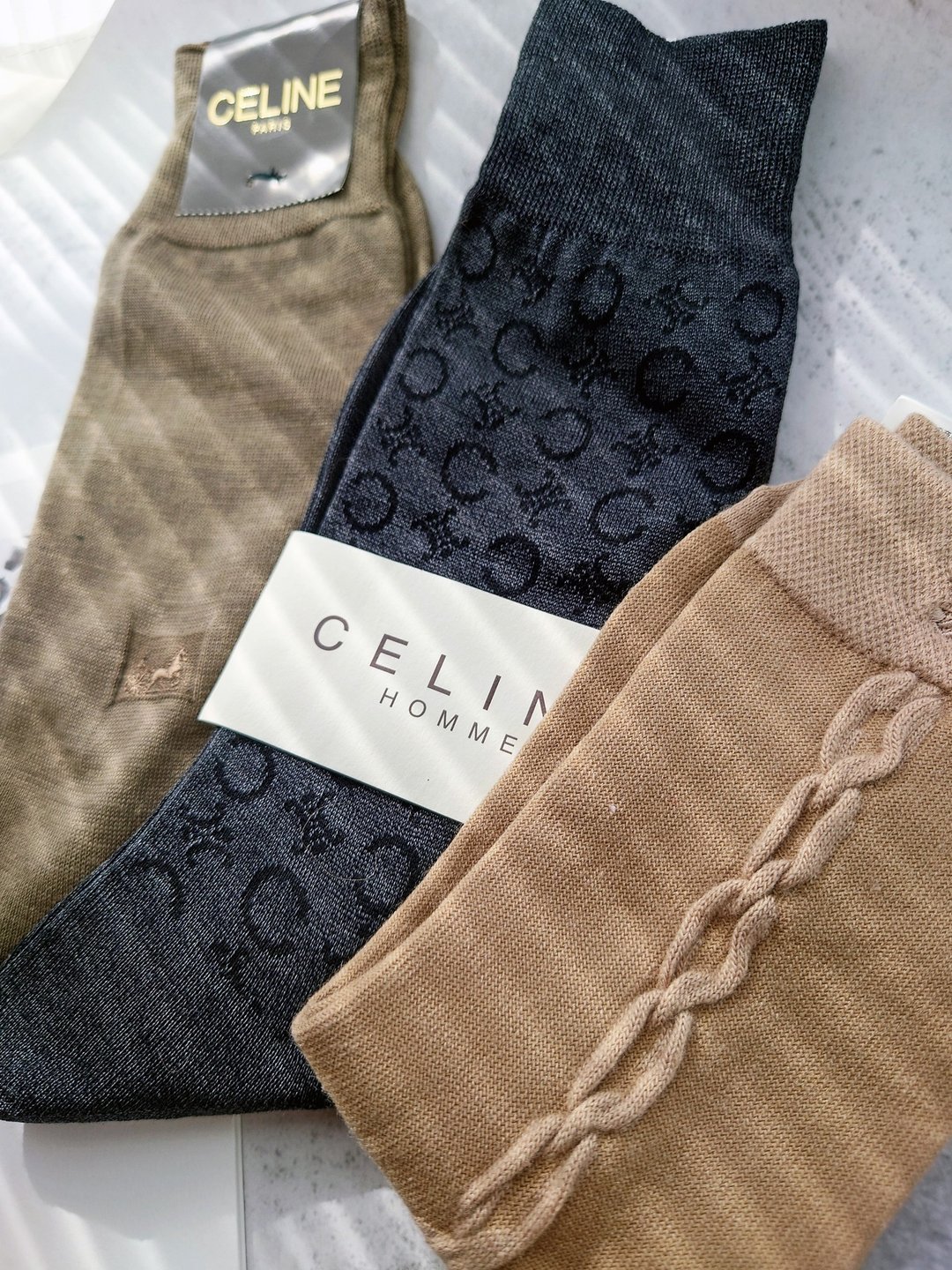 全新未使用带标签 CELINE 凯旋门刺绣老花条链 长袜短袜 长靴袜子 - 围巾/披肩 - 棉 黑色
