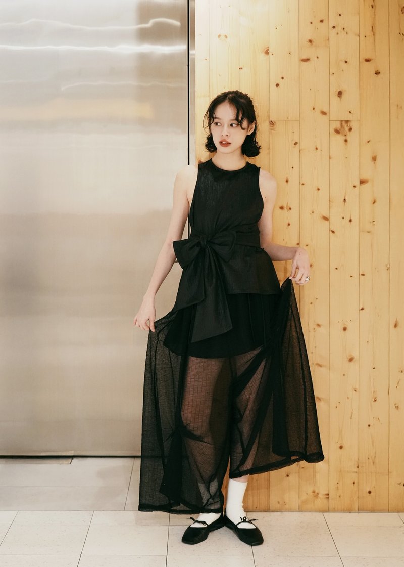 削肩绑带上衣 / 黑 - 女装背心 - 棉．麻 黑色