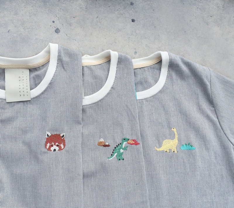 T rex / Bronto / Red Panda  embroidery - cropped top shirt - 女装上衣 - 棉．麻 灰色