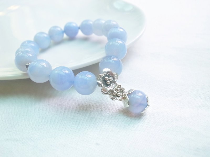 ORLI Jewelry♡♡天然蓝纹玛瑙手链♡925纯银花朵♡天然石♡天然水晶♡♡Blue Lace Agate - 手链/手环 - 宝石 蓝色