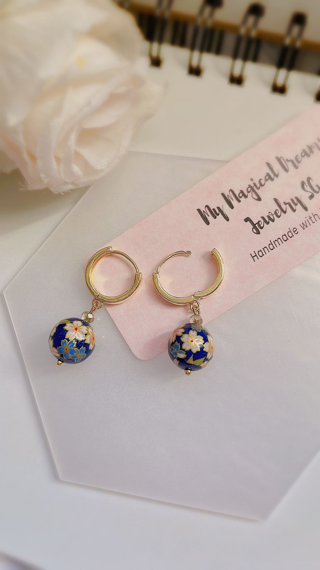 Sakura/Cherry Blossom Japanese Tensha Blue Gold Earrings - 耳环/耳夹 - 24k 金 