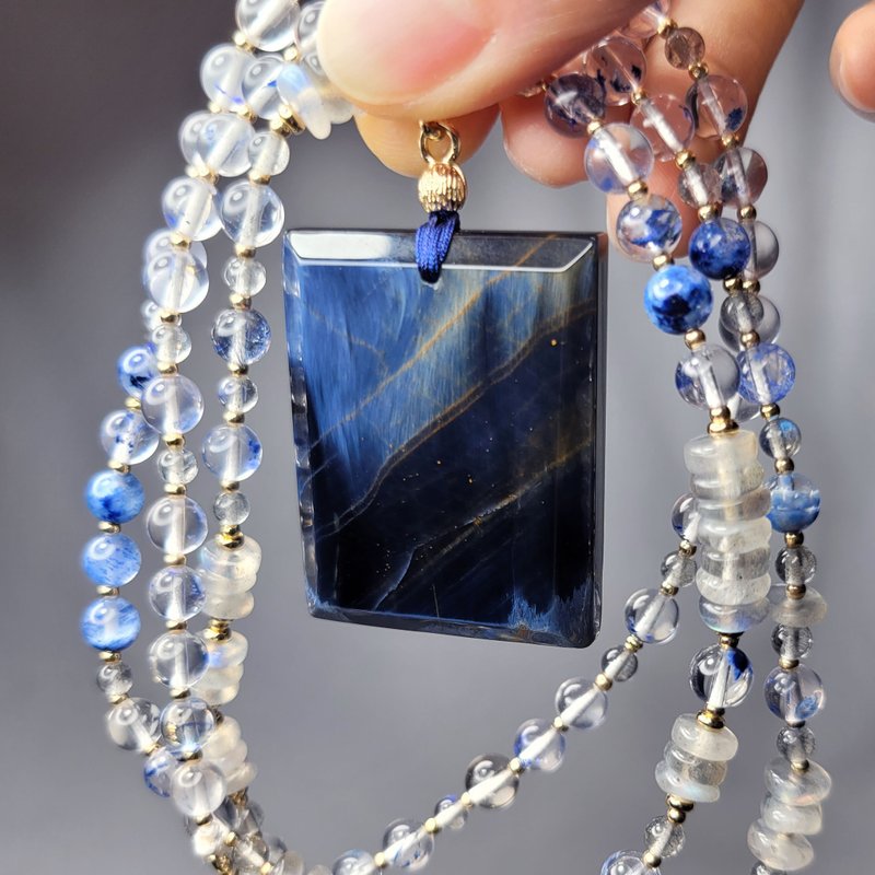 天然 彼得石 无事牌 极光 拉长石 蓝幽灵 领袖 事业 项链 单品 - 项链 - 宝石 蓝色