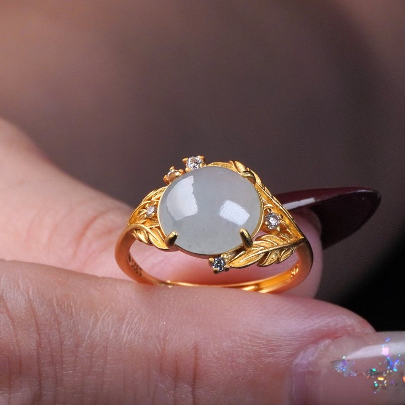 冰种翡翠蛋面戒指 925纯银 | 天然缅甸玉翡翠A货 | 送礼 - 戒指 - 玉石 透明