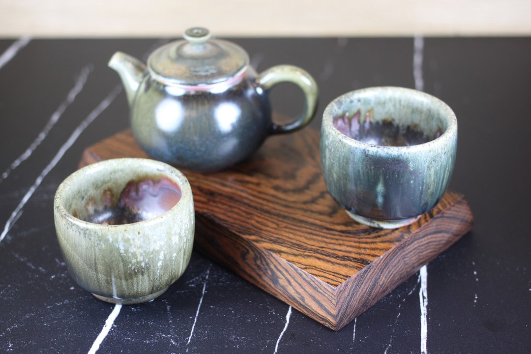 【沐春生活】柴烧 天目带蓝彩 手拉坏 一壶两杯组 名家叶敏祥作 - 茶具/茶杯 - 陶 