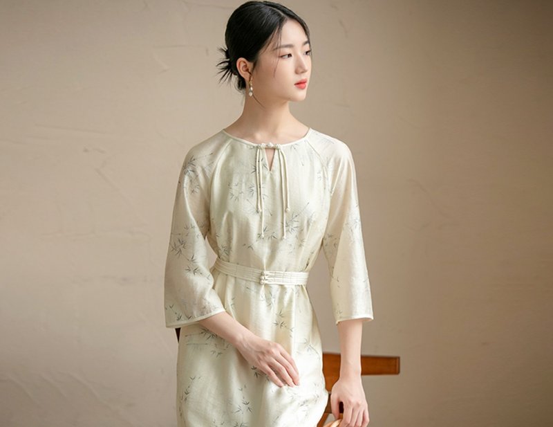 新中式 收腰优雅茶服复古印花日常洋裝 - 洋装/连衣裙 - 丝．绢 绿色