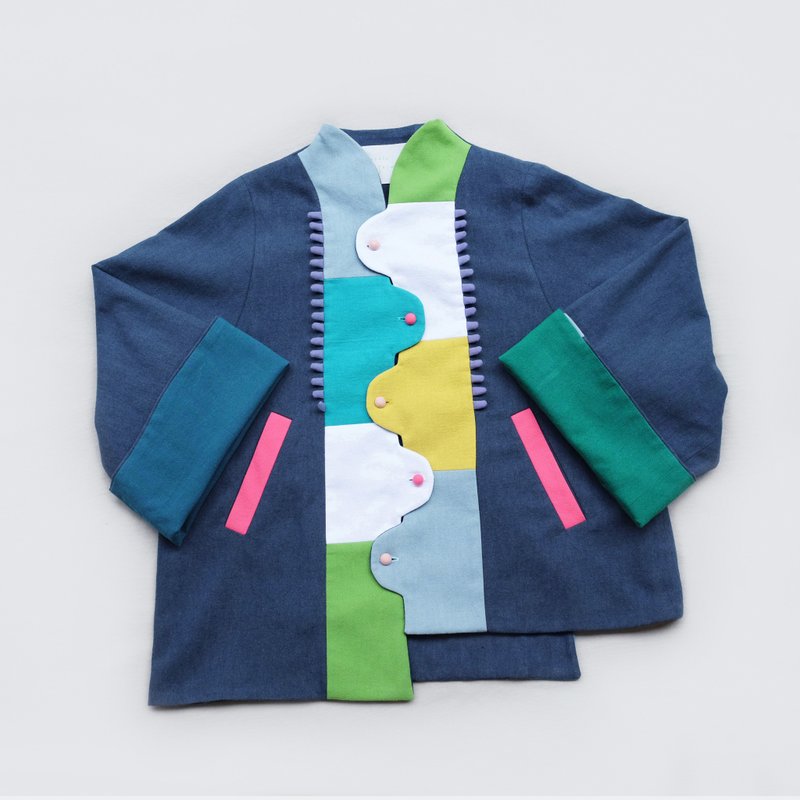 左扣右扣拼接春秋外套 – 湖水蓝 短版 - 女装休闲/机能外套 - 棉．麻 蓝色