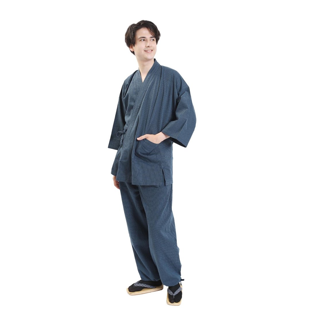 日本 和服 绵 作务衣 居家服 套装 Sashiko 工艺 M L LL 蓝 - 居家服/睡衣 - 棉 蓝色