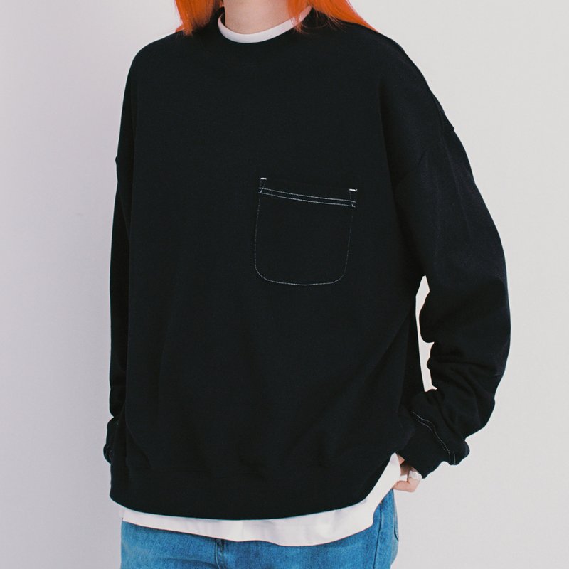 撞色线口袋卫衣 索罗娜抑菌 宽松薄款休闲简约 - 中性连帽卫衣/T 恤 - 棉．麻 黑色