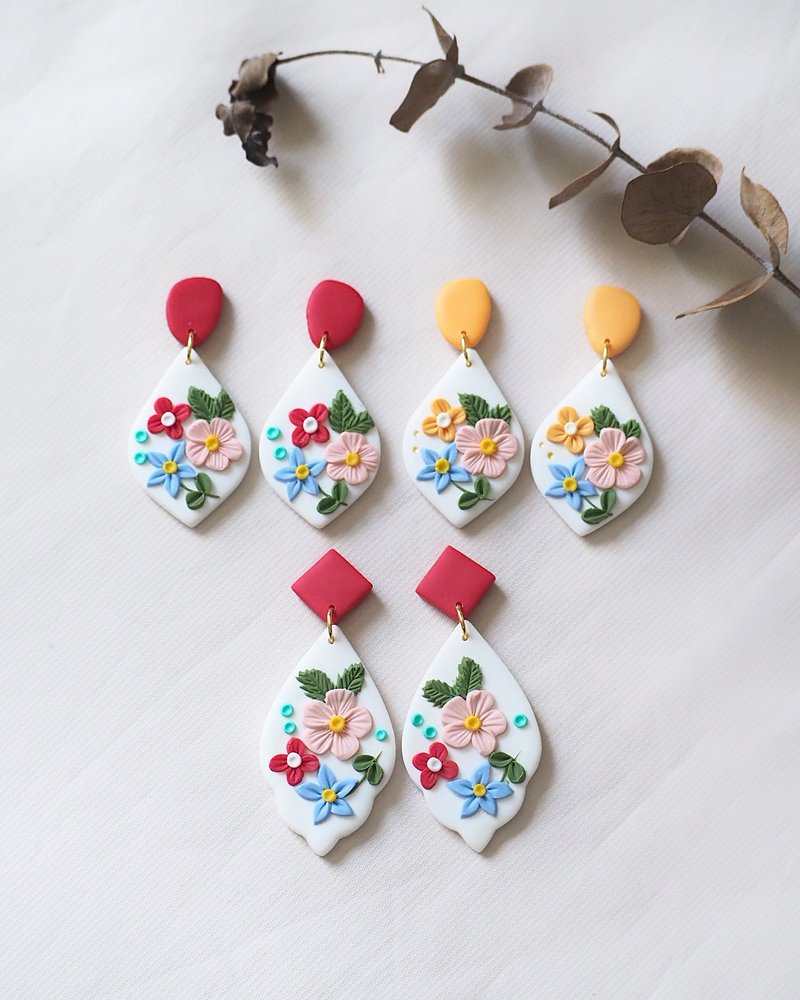 热带花软陶耳环 - 耳环/耳夹 - 其他材质 