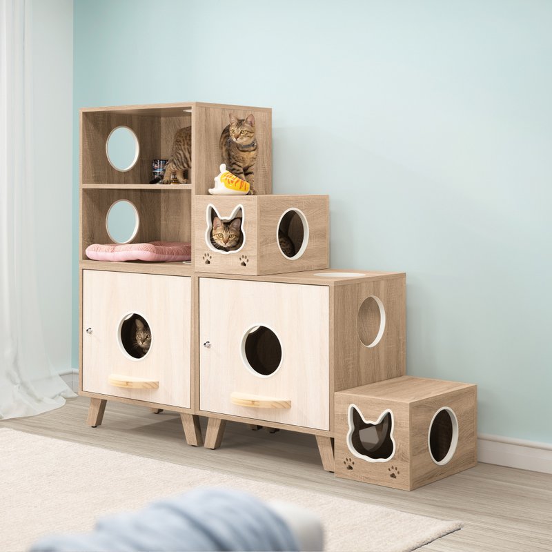 简约双盆阶梯组合(洞洞穿越双层柜) - 猫砂/猫砂垫 - 木头 