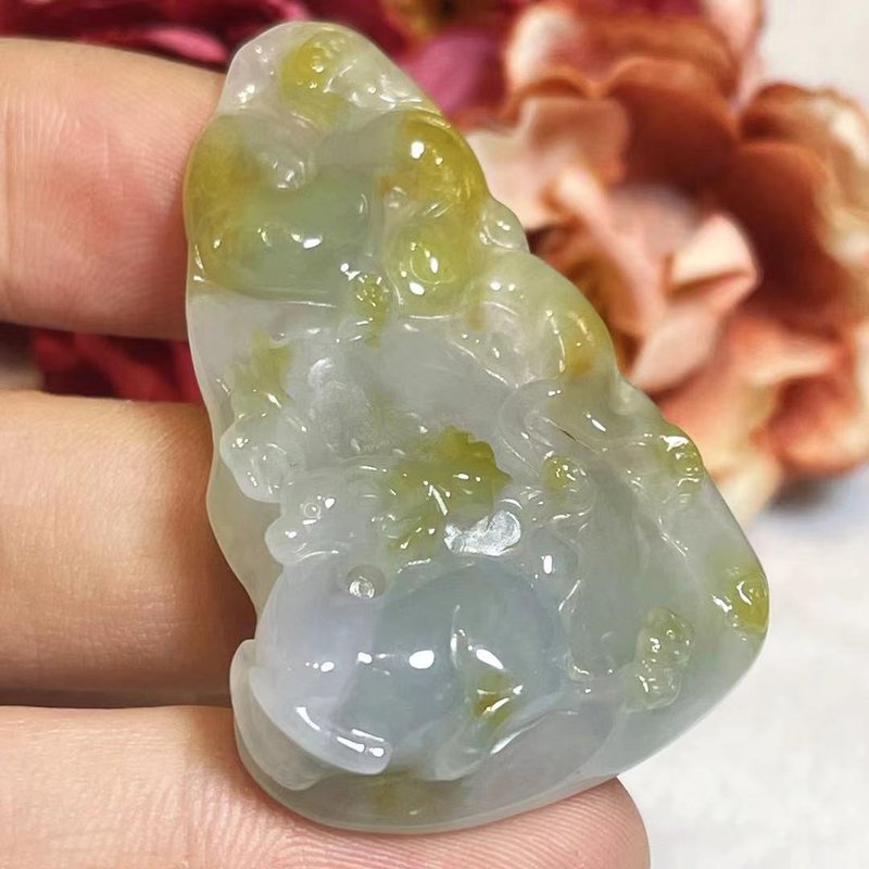 多宝晶石/天然翡翠A货梅花鹿/冰种翡翠/鹿牌/冰黄翡翠/附证书 - 项链 - 玉石 黄色