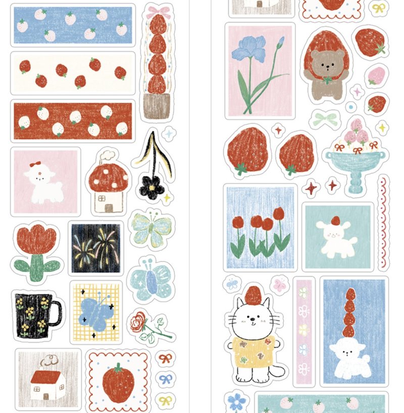 莓莓羊 癒し動物 苺セット 割型貼紙捲 5米卷 (kiss cut) - 纸胶带 - 其他材质 多色
