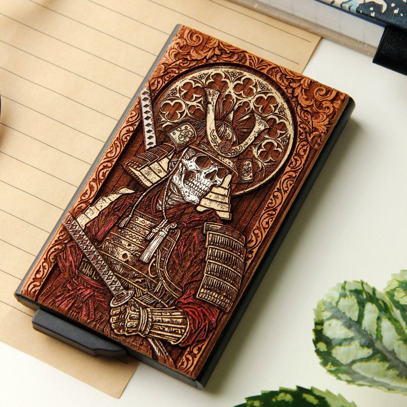 落樱武士 - 雷射雕刻 + 手绘木质卡夹 - 名片夹/名片盒 - 木头 咖啡色