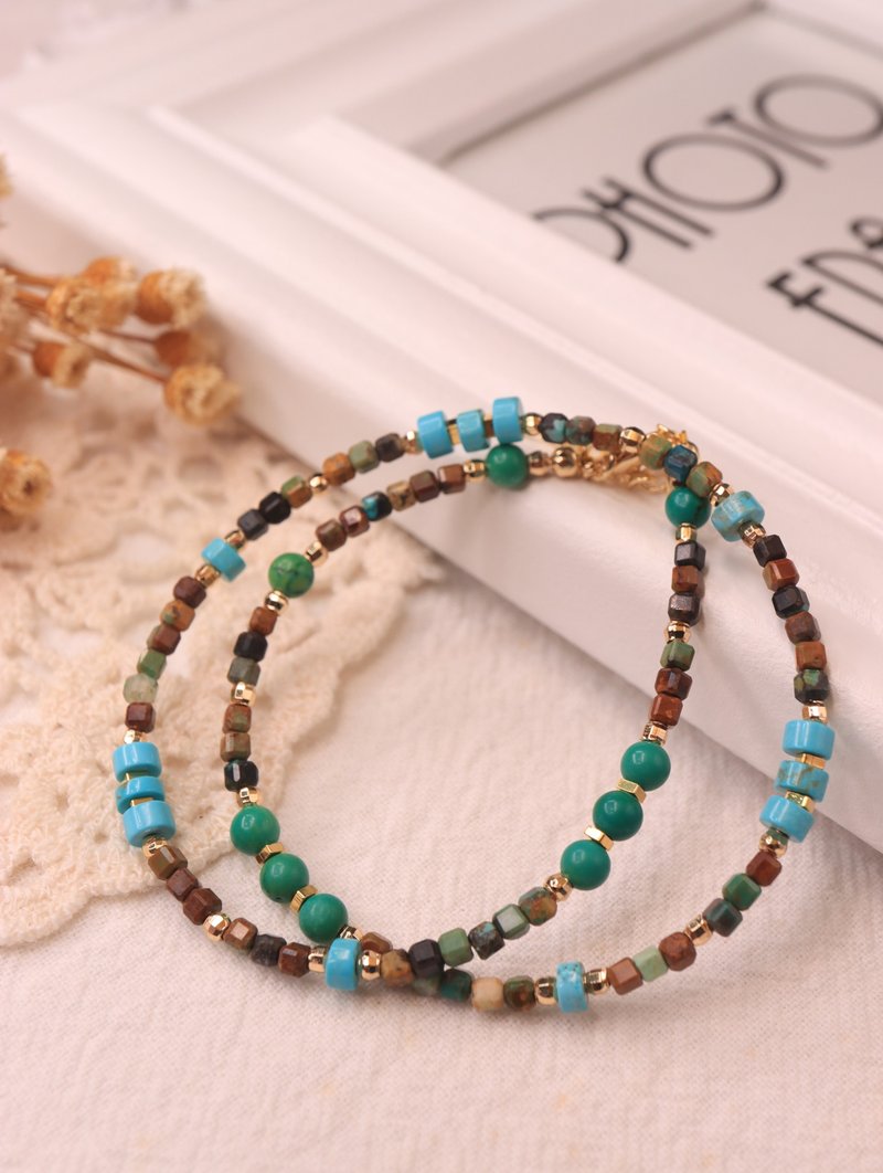 绿松石 × 方糖彩松石双圈手链 大地色调的异国风情 - 手链/手环 - 玉石 