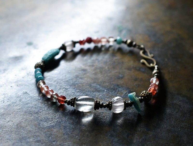 古董波西米亚珠、醋栗珠、点点黄铜珠、罗马玻璃、钠长石手链 - 手链/手环 - 玻璃 红色