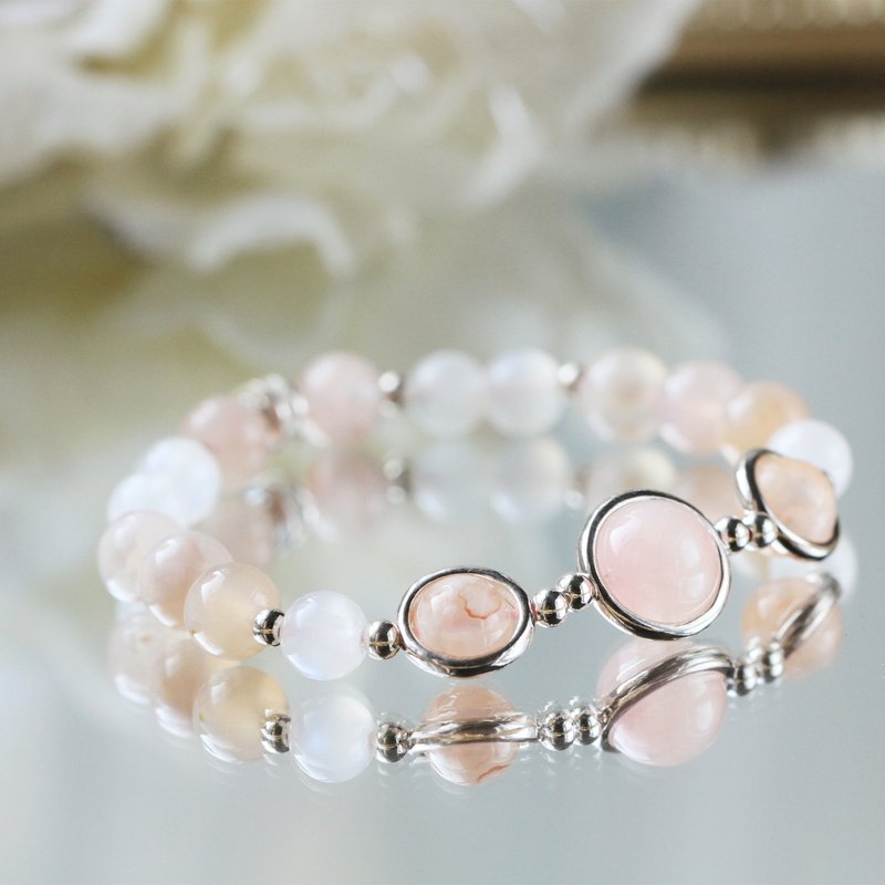 哲学之道的樱与雪。月光石/樱花玛瑙/粉晶/恋爱增强设计水晶手链 - 手链/手环 - 水晶 粉红色