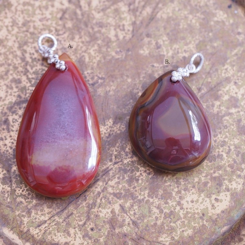天然战国红玛瑙 手工纯银坠子 Natural Red Agate Silver Pendant - 项链 - 半宝石 红色