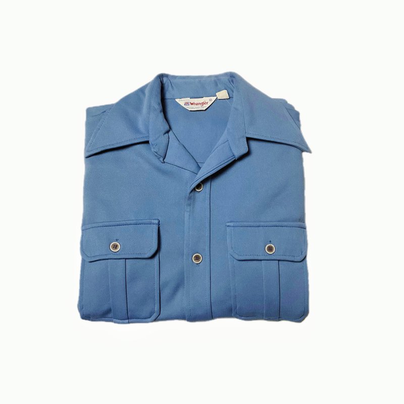 古着 70s Wrangler 浅蓝西部休闲衬衫 - 男装衬衫 - 聚酯纤维 蓝色