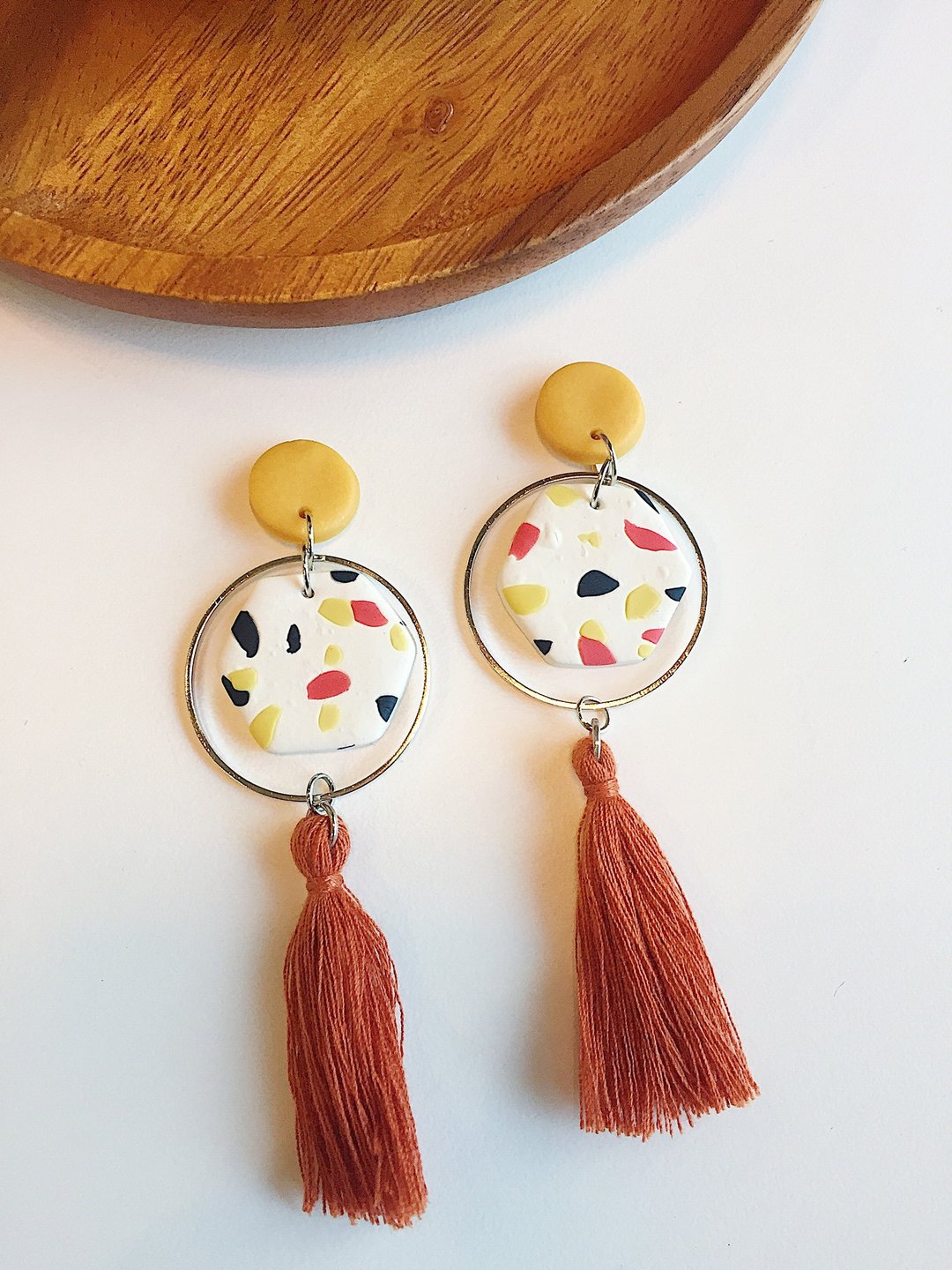 Hand made Polymer clay earrings Terrazzo collection Hexagon shape - 耳环/耳夹 - 其他材质 多色