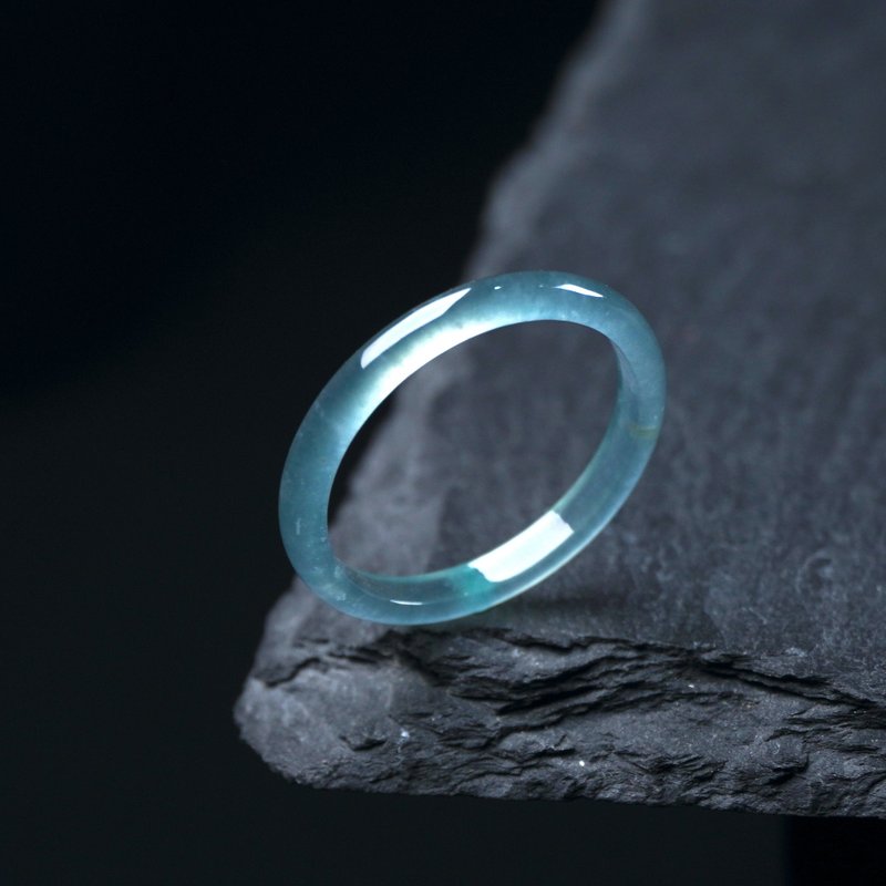 玻璃种蓝水翡翠戒指戒圈 | 国际14围 | 天然翡翠A货 | 送礼 - 戒指 - 玉石 蓝色