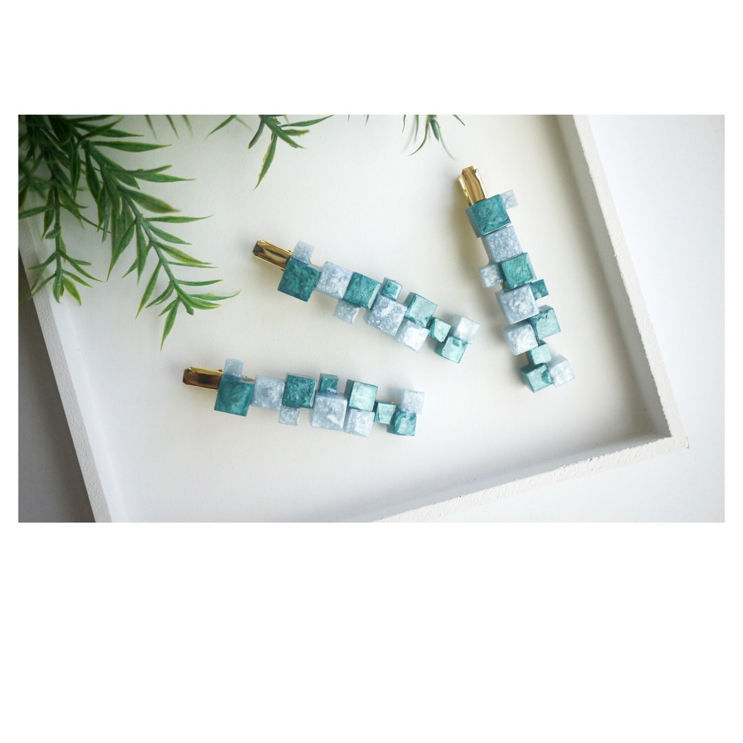 蓝色立方体 | 树脂细工发饰 | 鸭嘴夹 | hair clip - 发饰 - 其他材质 蓝色