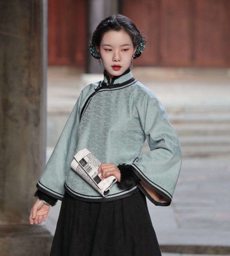 織金提花復古上衣 / 江水暮系列加絨款 / 倒大袖全開襟秋冬 - 女装上衣 - 其他材质 绿色