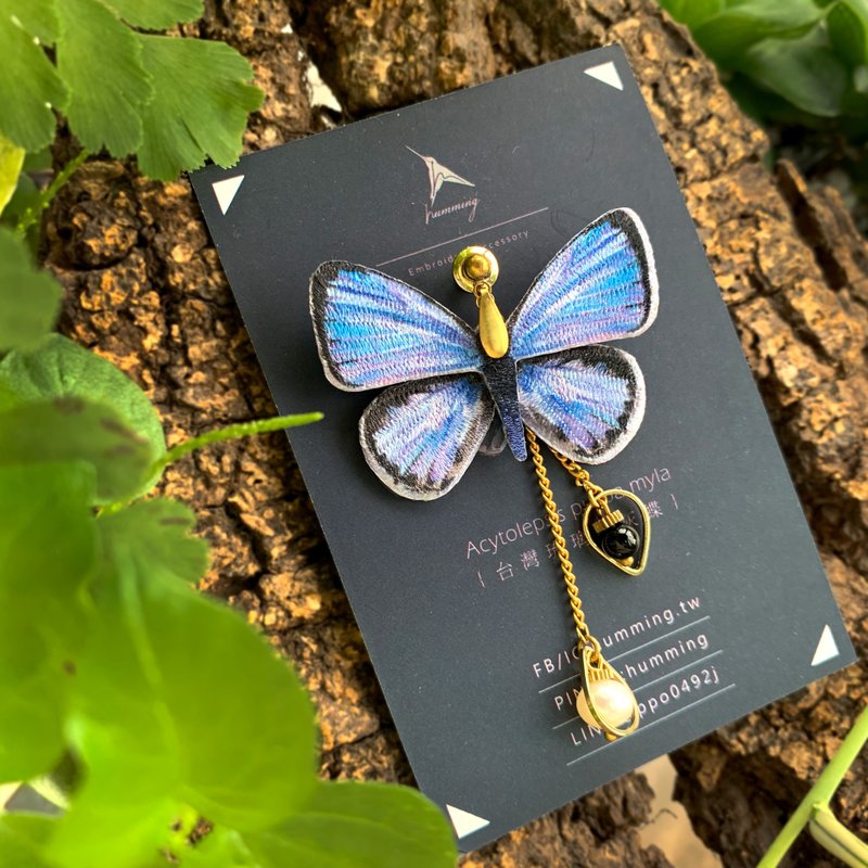 耳环 台湾琉璃小灰蝶 刺绣 蝴蝶 台湾 珍珠 耳夹 礼物 礼盒 情人 - 耳环/耳夹 - 绣线 多色