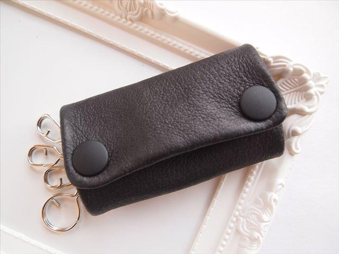 [Full black] Pig leather Soft key case [Made to order] Black leather - 钥匙链/钥匙包 - 真皮 黑色