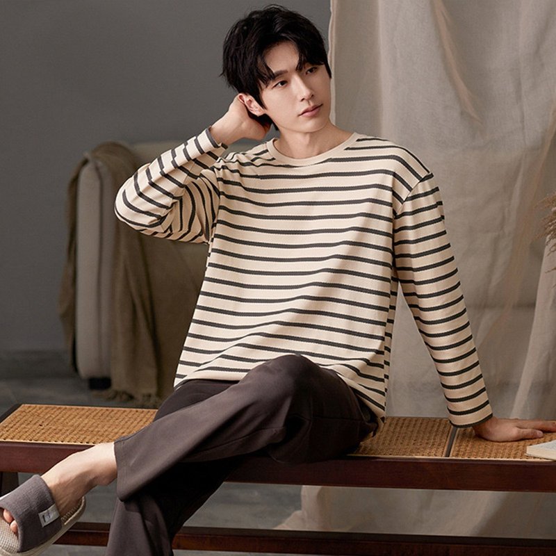 Pink Lady 男款 奶咖条纹  长袖成套睡衣 棉质秋冬两件式居家服 - 居家服/睡衣 - 其他人造纤维 咖啡色