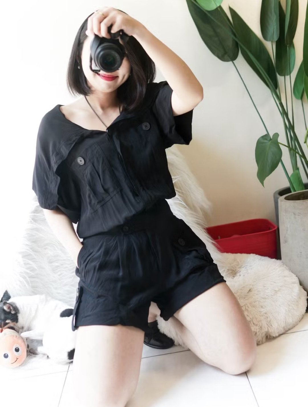 纯黑造型翻领青涩俐落手札 古董丝质吊带裤连身裤 overalls - 背带裤/连体裤 - 丝．绢 黑色