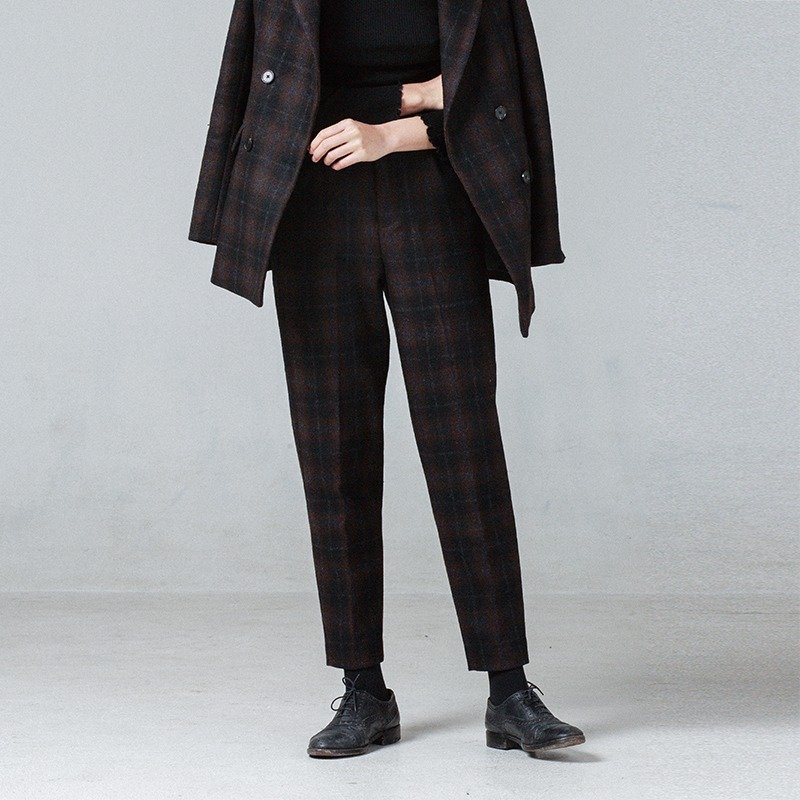 咖啡格纹西装裤子 Dance me 双排扣枪驳领中性百分百进口全羊毛格子西装套装  上衣+裤子 for Leonard Cohen  | vitatha 番塔塔原创设计独立女装品牌 - 女装长裤 - 羊毛 咖啡色