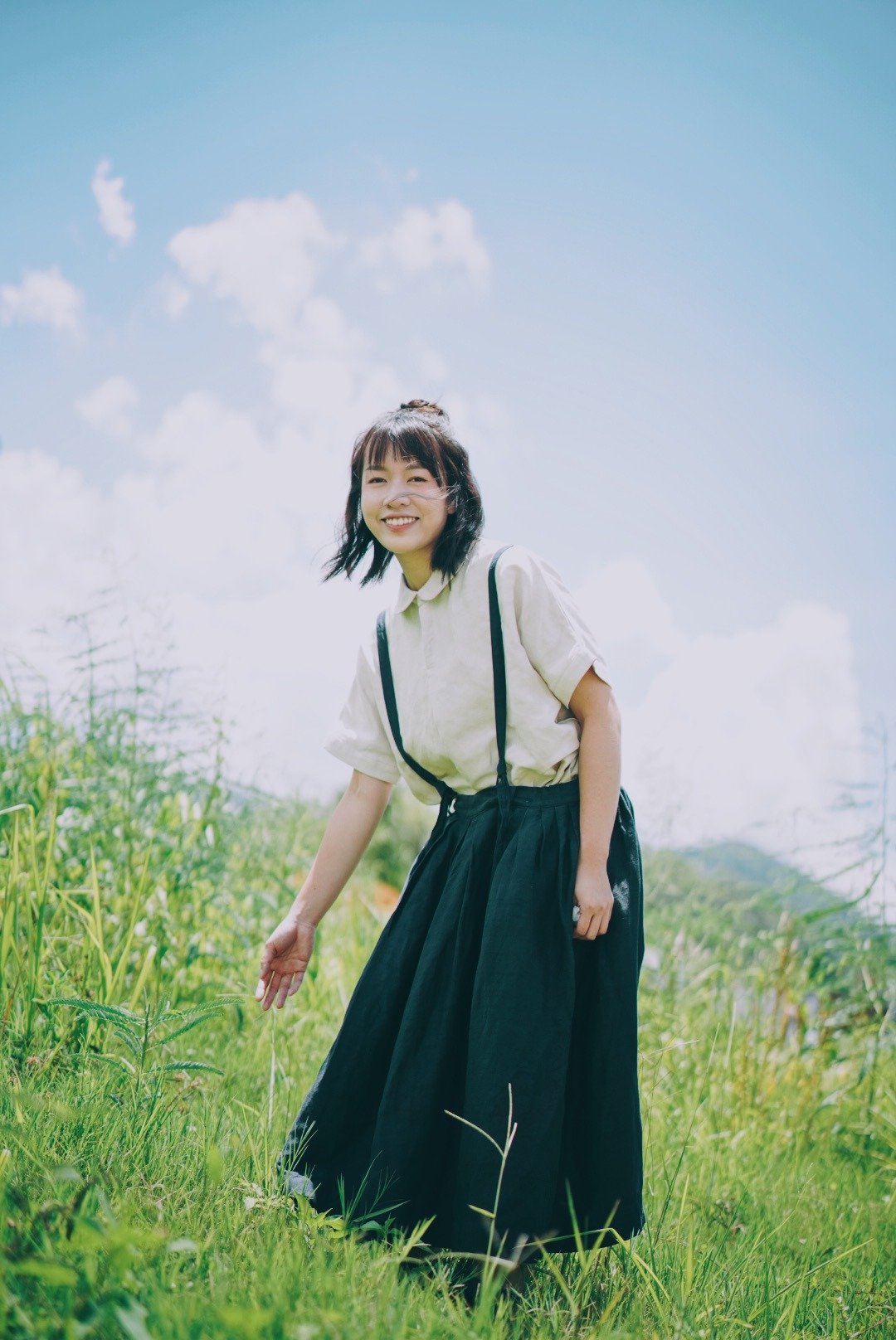 The Shiroi 手工打折麻质可拆卸吊带双面两穿裙 | 女生衣柜必备 - 裙子 - 棉 蓝色