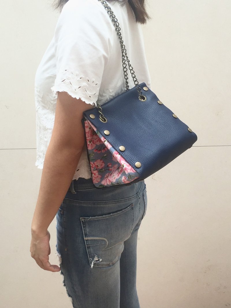 自由组合式 小方形皮革拼布手袋  蓝色皮革 布料随时替换 - 侧背包/斜挎包 - 真皮 蓝色