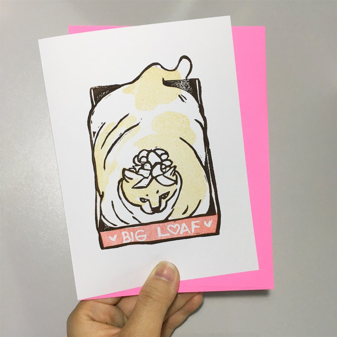 Hand-printed greeting card -  Big Cat Loaf (Big Love) Fat Cat in a box - 卡片/明信片 - 纸 