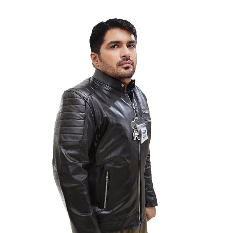 男士骑士风格皮夹克 - 男装外套 - 真皮 黑色