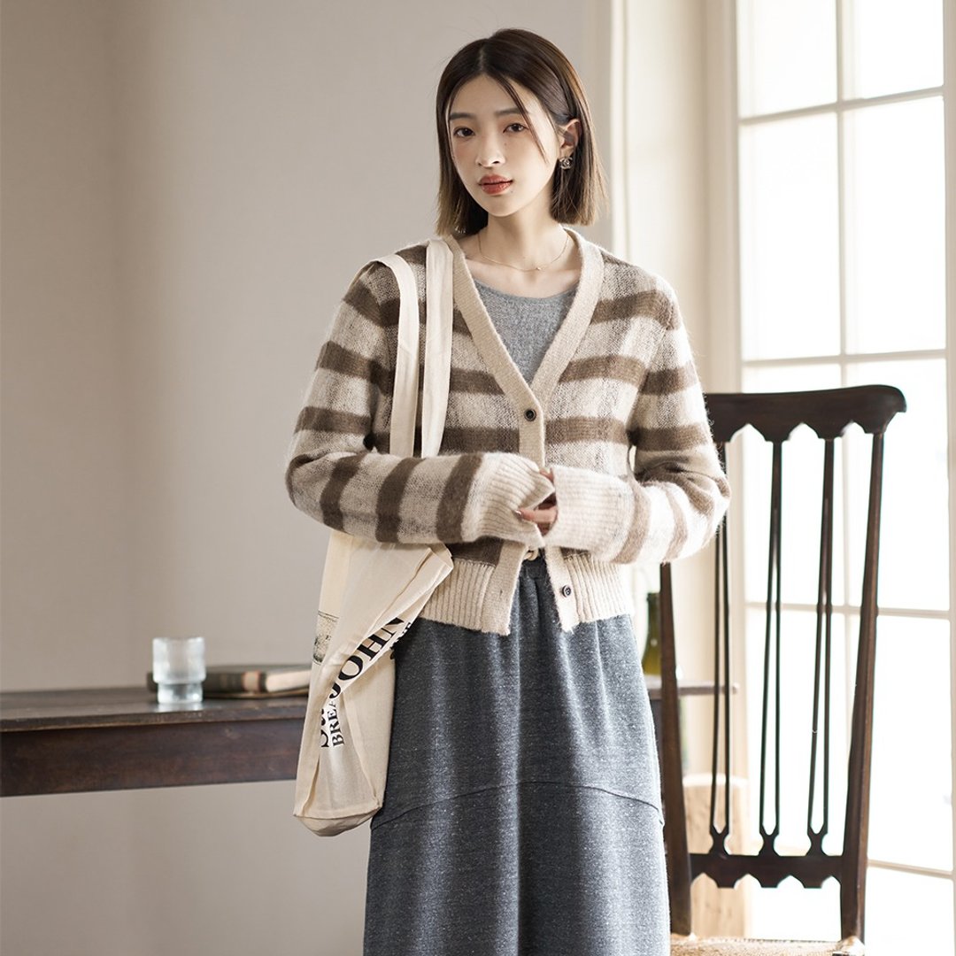 马海毛格纹针织衫|开衫|秋款|两色|Sora-1320 - 女装针织衫/毛衣 - 羊毛 多色