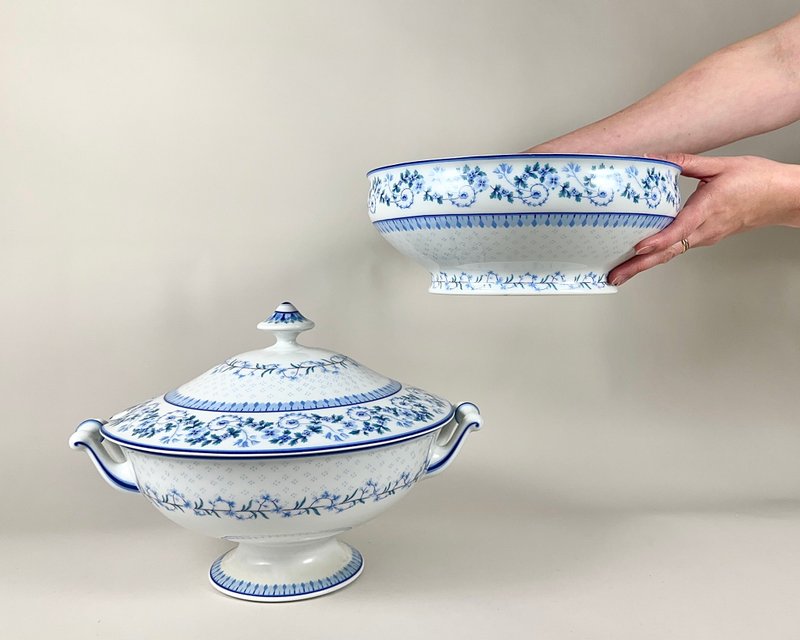 复古利摩日法国汤锅和大号盛菜碗 一对套装价格 - 碗 - 瓷 蓝色