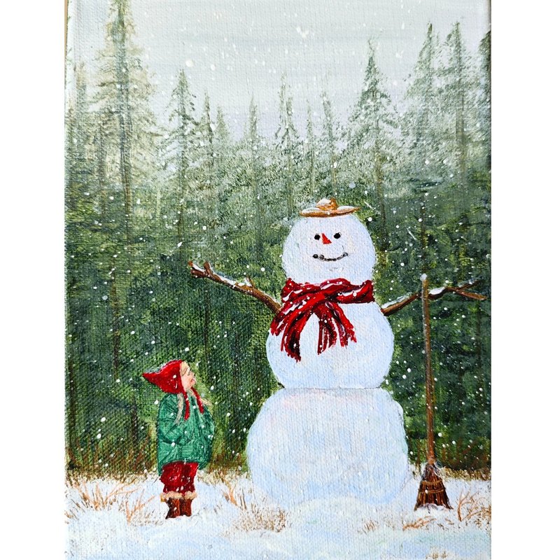 儿童和雪人冬季画布圣诞艺术画 作者 RinaArtSK - 墙贴/壁贴 - 其他材质 多色