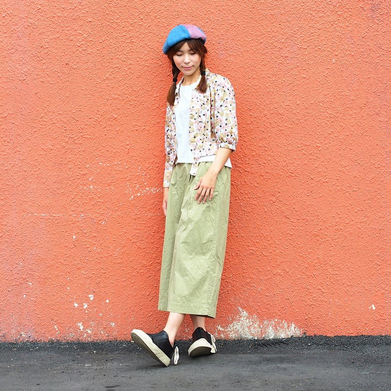 小牛村古着 复古 泡泡袖衬衫 短版罩衫【黄粉茶花】V-28 - 女装衬衫 - 棉．麻 白色